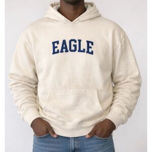 American Eagle Hoodie Sweatshirt Mens Small Blue Cream Spell Out Logo VTG Y2K